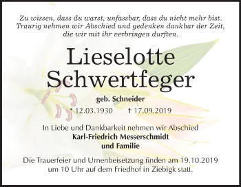 Traueranzeige von Lieselotte Schwertfeger von Mitteldeutsche Zeitung Dessau-Roßlau