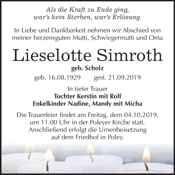 Traueranzeige von Lieselotte Simroth von Super Sonntag Bernburg