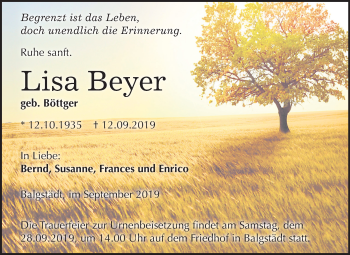 Traueranzeige von Lisa Beyer von Mitteldeutsche Zeitung Naumburg/Nebra