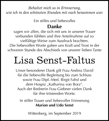 Traueranzeige von Lisa Senst-Faltus von Super Sonntag Wittenberg