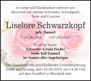 Traueranzeige von Liselore Schwarzkopf von Mitteldeutsche Zeitung Bernburg