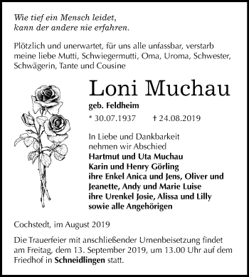 Traueranzeige von Loni Muchau von Mitteldeutsche Zeitung Aschersleben