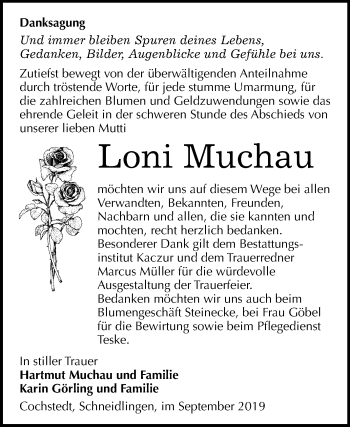 Traueranzeige von Loni Muchau von Super Sonntag Aschersleben
