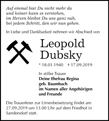 Traueranzeige von Leopold Dubsky von Wochenspiegel Bitterfeld