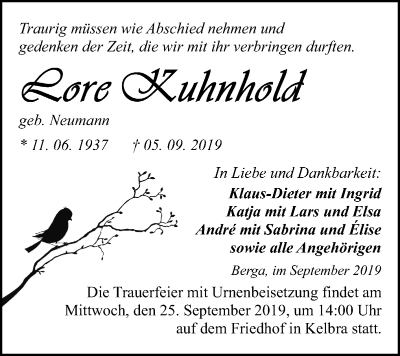  Traueranzeige für Lore Kuhnhold vom 14.09.2019 aus Mitteldeutsche Zeitung Sangerhausen