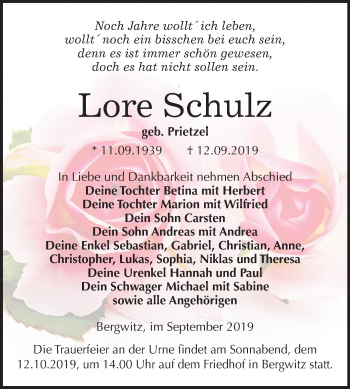Traueranzeige von Lore Schulz von Mitteldeutsche Zeitung Wittenberg