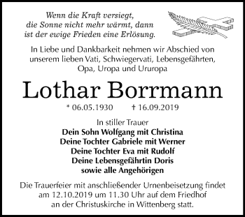 Traueranzeige von Lothar Borrmann von Super Sonntag Wittenberg