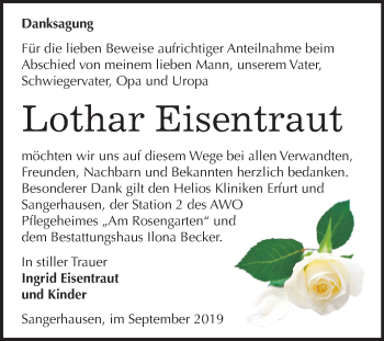 Traueranzeige von Lothar Eisentraut von Mitteldeutsche Zeitung Sangerhausen