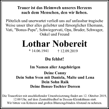Traueranzeige von Lothar Nobereit von Mitteldeutsche Zeitung Bitterfeld