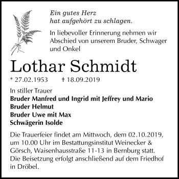 Traueranzeige von Lothar Schmidt von Mitteldeutsche Zeitung Bernburg