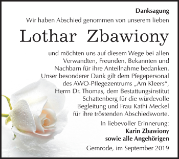 Traueranzeige von Lothar Zbawiony von Mitteldeutsche Zeitung Quedlinburg