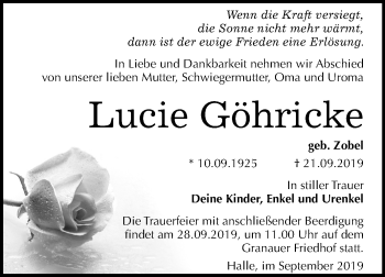 Traueranzeige von Lucie Göhricke von Mitteldeutsche Zeitung Halle/Saalkreis