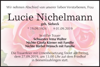Traueranzeige von Lucie Nickelmann von Super Sonntag Bernburg