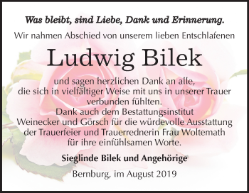 Traueranzeige von Ludwig Bilek von Mitteldeutsche Zeitung Bernburg