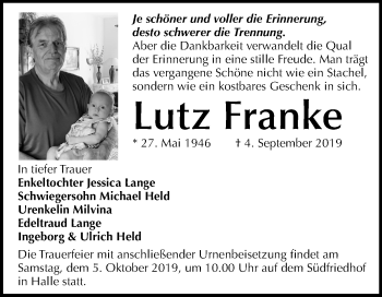 Traueranzeige von Lutz Franke von Mitteldeutsche Zeitung Halle/Saalkreis