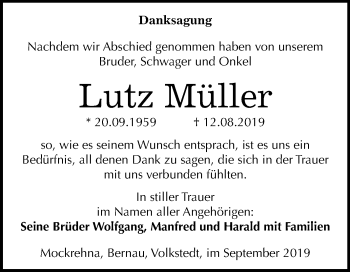 Traueranzeige von Lutz Müller von Mitteldeutsche Zeitung Mansfelder Land