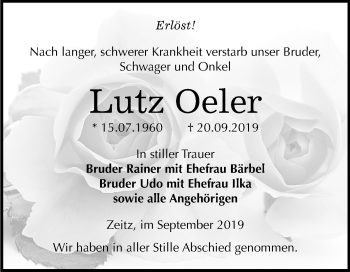 Traueranzeige von Lutz Oeler von Mitteldeutsche Zeitung Zeitz
