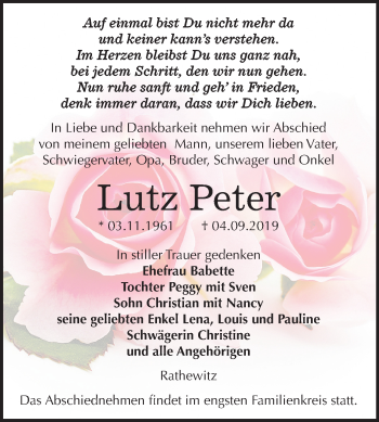 Traueranzeige von Lutz Peter von Wochenspiegel Naumburg/Nebra