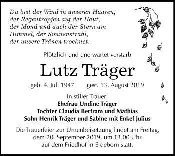 Traueranzeige von Lutz Träger von Wochenspiegel Mansfelder Land
