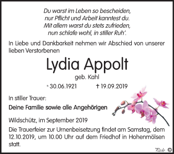 Traueranzeige von Lydia Appolt von Wochenspiegel Weißenfels