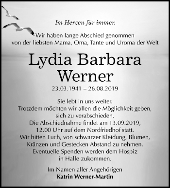 Traueranzeige von Lydia Barbara Werner von Mitteldeutsche Zeitung Halle/Saalkreis