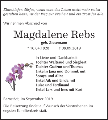 Traueranzeige von Magdalene Rebs von Mitteldeutsche Zeitung Merseburg/Querfurt