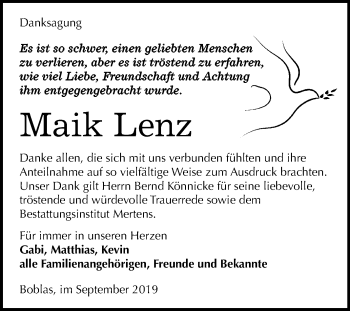 Traueranzeige von Maik Lenz von Wochenspiegel Naumburg/Nebra