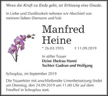 Traueranzeige von Manfred Heine von Super Sonntag Merseburg/Querfurt