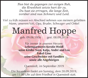 Traueranzeige von Manfred Hoppe von Mitteldeutsche Zeitung Mansfelder Land
