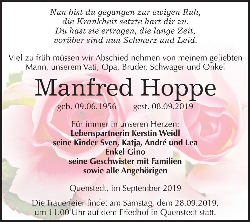  Traueranzeige für Manfred Hoppe vom 18.09.2019 aus Wochenspiegel Mansfelder Land