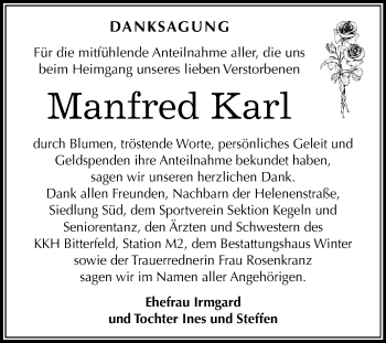 Traueranzeige von Manfred Karl von Wochenspiegel Bitterfeld