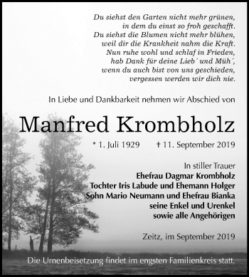 Traueranzeige von Manfred Krombholz von Mitteldeutsche Zeitung Zeitz