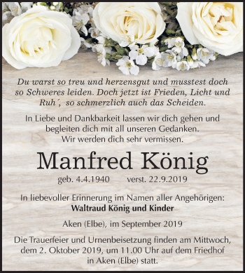 Traueranzeige von Manfred König von Super Sonntag Köthen