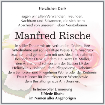 Traueranzeige von Manfred Rische von Wochenspiegel Mansfelder Land