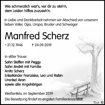 Traueranzeige von Manfred Scherz von Mitteldeutsche Zeitung Weißenfels