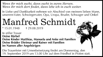 Traueranzeige von Manfred Schmidt von Super Sonntag Zeitz
