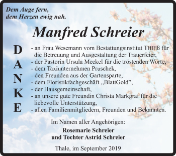Traueranzeige von Manfred Schreier von Super Sonntag Quedlinburg