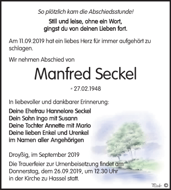 Traueranzeige von Manfred Seckel von Super Sonntag Zeitz
