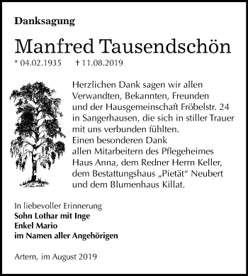 Traueranzeige von Manfred Tausendschön von Super Sonntag Sangerhausen
