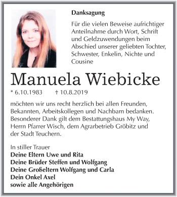Traueranzeige von Manuela Wiebicke von Mitteldeutsche Zeitung Weißenfels