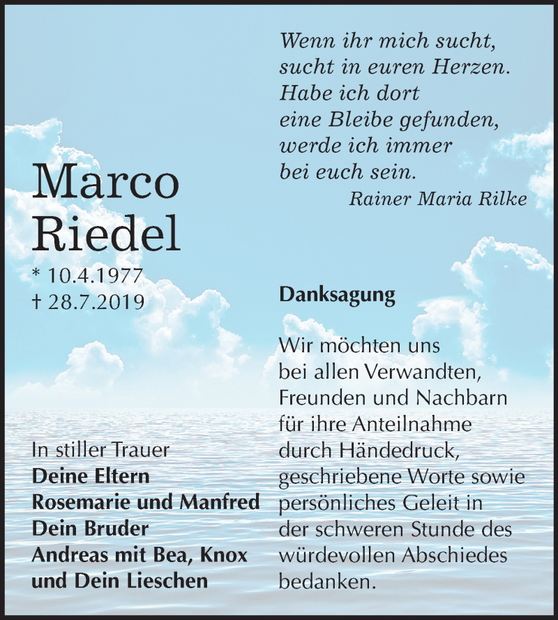  Traueranzeige für Marco Riedel vom 07.09.2019 aus Super Sonntag Wittenberg