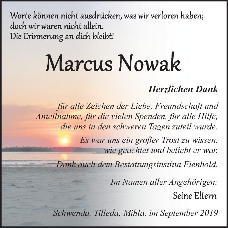  Traueranzeige für Marcus Nowak vom 28.09.2019 aus Super Sonntag Sangerhausen