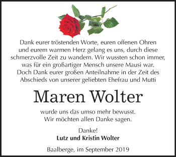 Traueranzeige von Maren Wolter von Mitteldeutsche Zeitung Bernburg