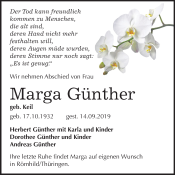 Traueranzeige von Marga Günther von Super Sonntag Köthen