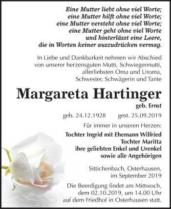 Traueranzeige von Margareta Hartfinger von Mitteldeutsche Zeitung Mansfelder Land
