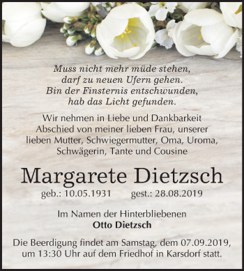 Traueranzeige von Margarete Dietzsch von Mitteldeutsche Zeitung Merseburg/Querfurt / Naumburg/Nebra