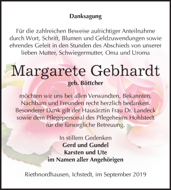Traueranzeige von Margarete Gebhardt von Mitteldeutsche Zeitung Sangerhausen