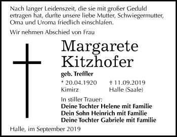Traueranzeige von Margarete Kitzhofer von Mitteldeutsche Zeitung Halle/Saalkreis