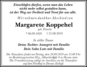 Traueranzeige von Margarete Koppehel von Super Sonntag Dessau-Roßlau