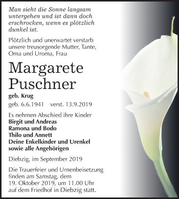 Traueranzeige von Margarete Puschner von Mitteldeutsche Zeitung Köthen